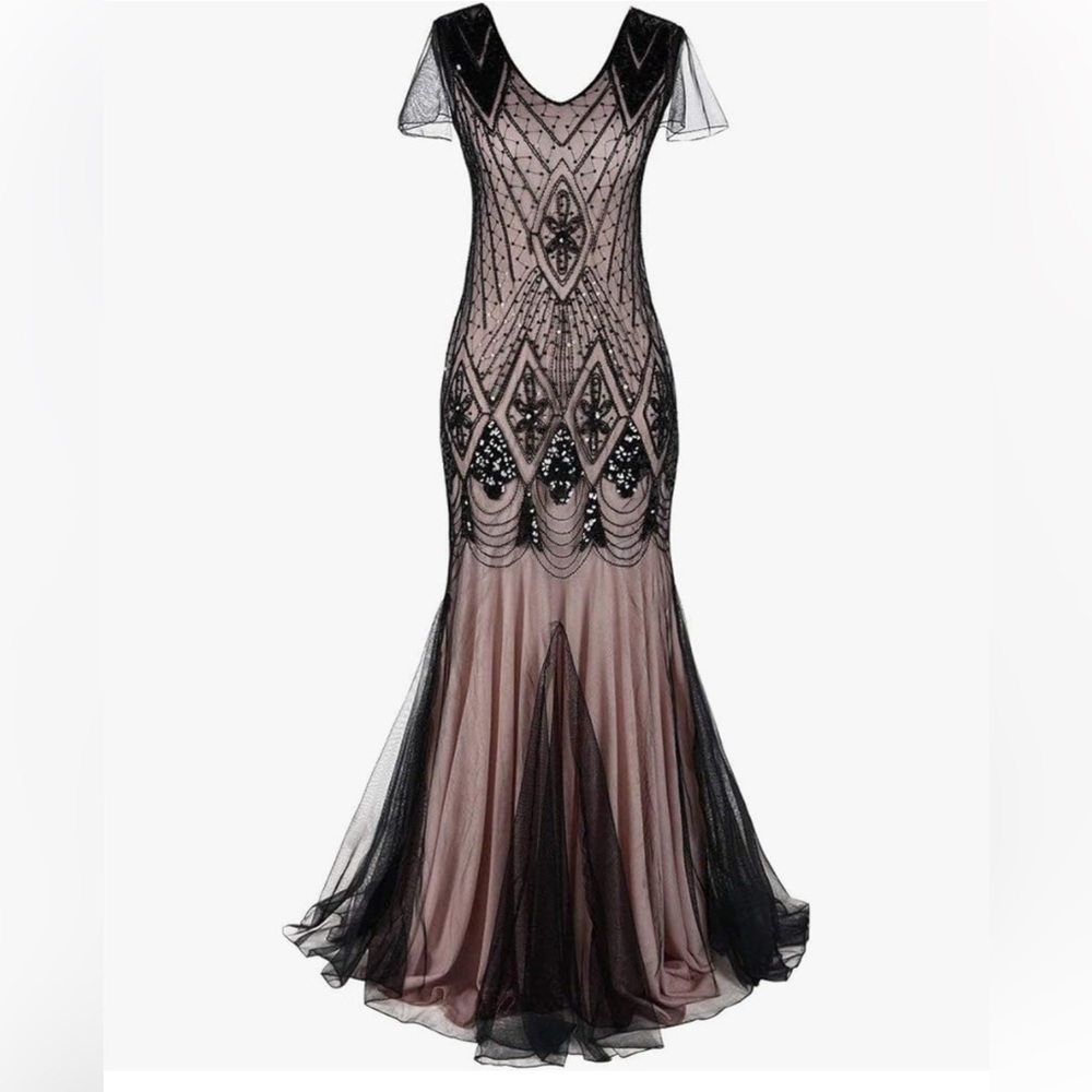 Vintage-Inspired Black Beaded Maxi Dress with Blush Underlay